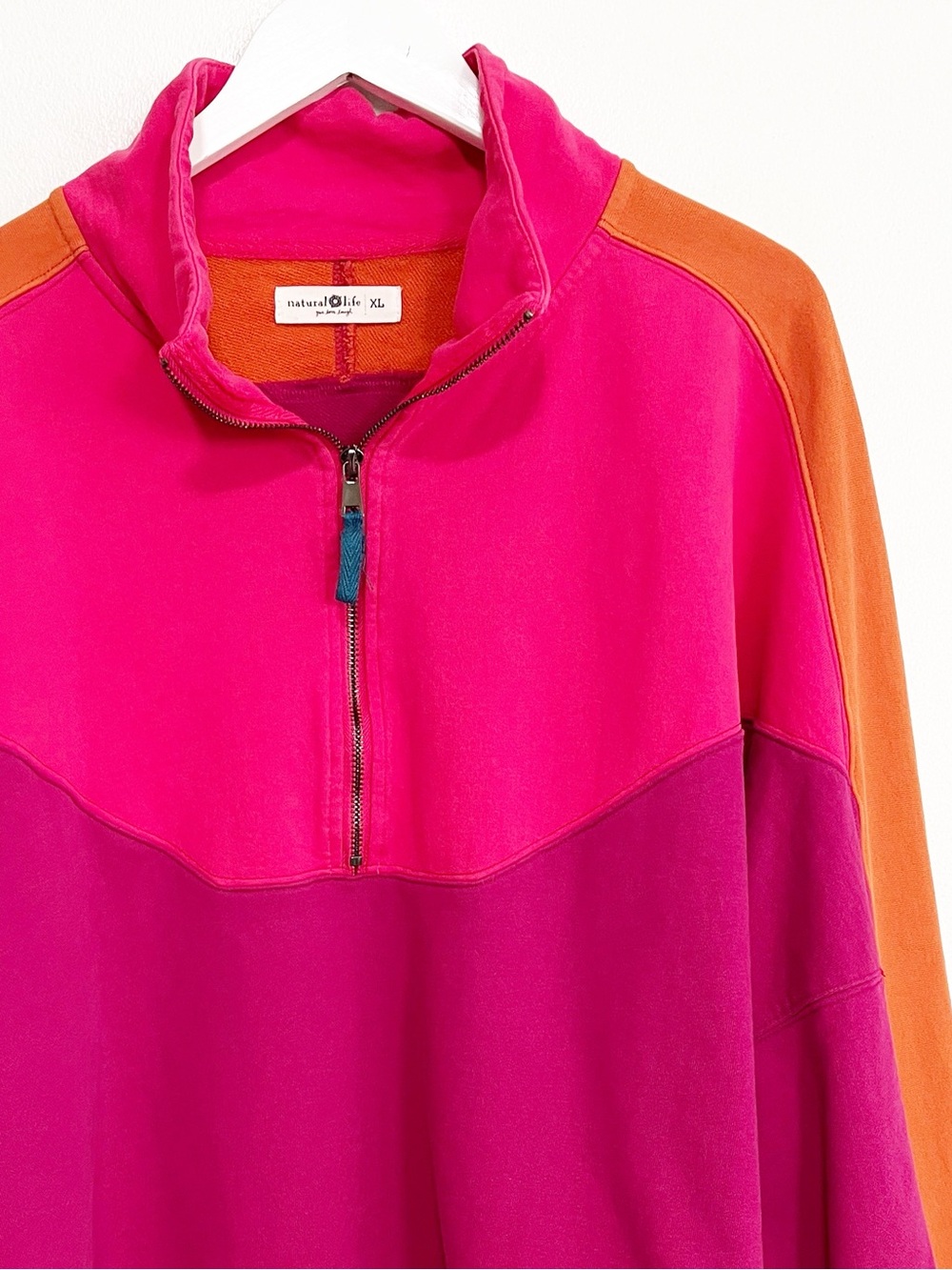 Natural Life Jess Colorblock 1/4 Zip Cotton Pullover Hot Pink XL - Picture 7 of 9